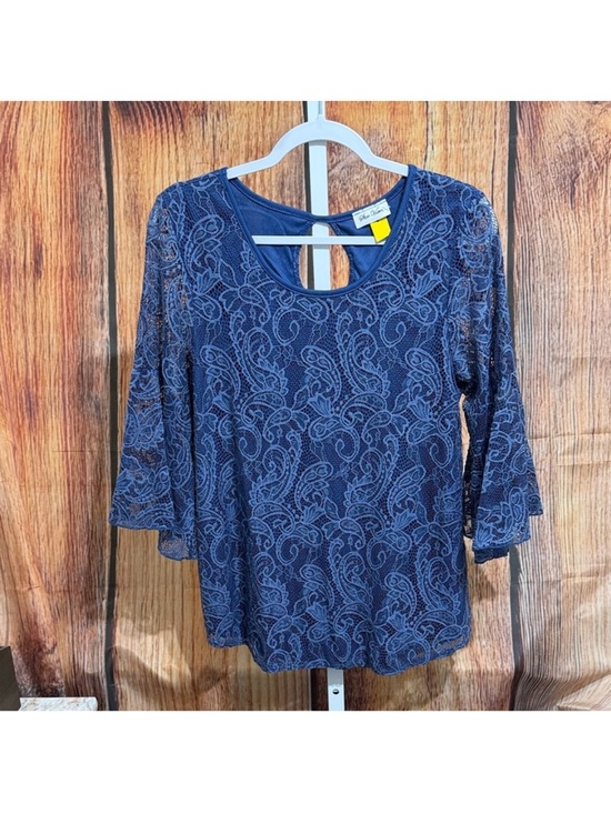 Star Vixen Tops - Star Vixen Navy Lace Paisley Keyhole Bell Sleeve Top